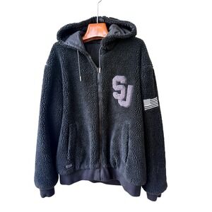 Sean John SJ Sherpa Zip Hoodie Mens Black Fleece Teddy Jacket US Flag Patch L XL